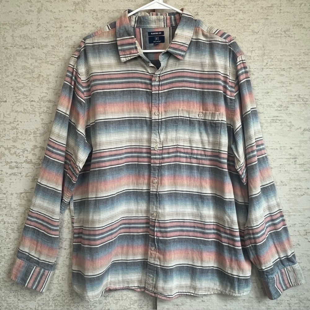 George Mens Horizontal Striped Button-Up Shirt Double Fabric Size XL